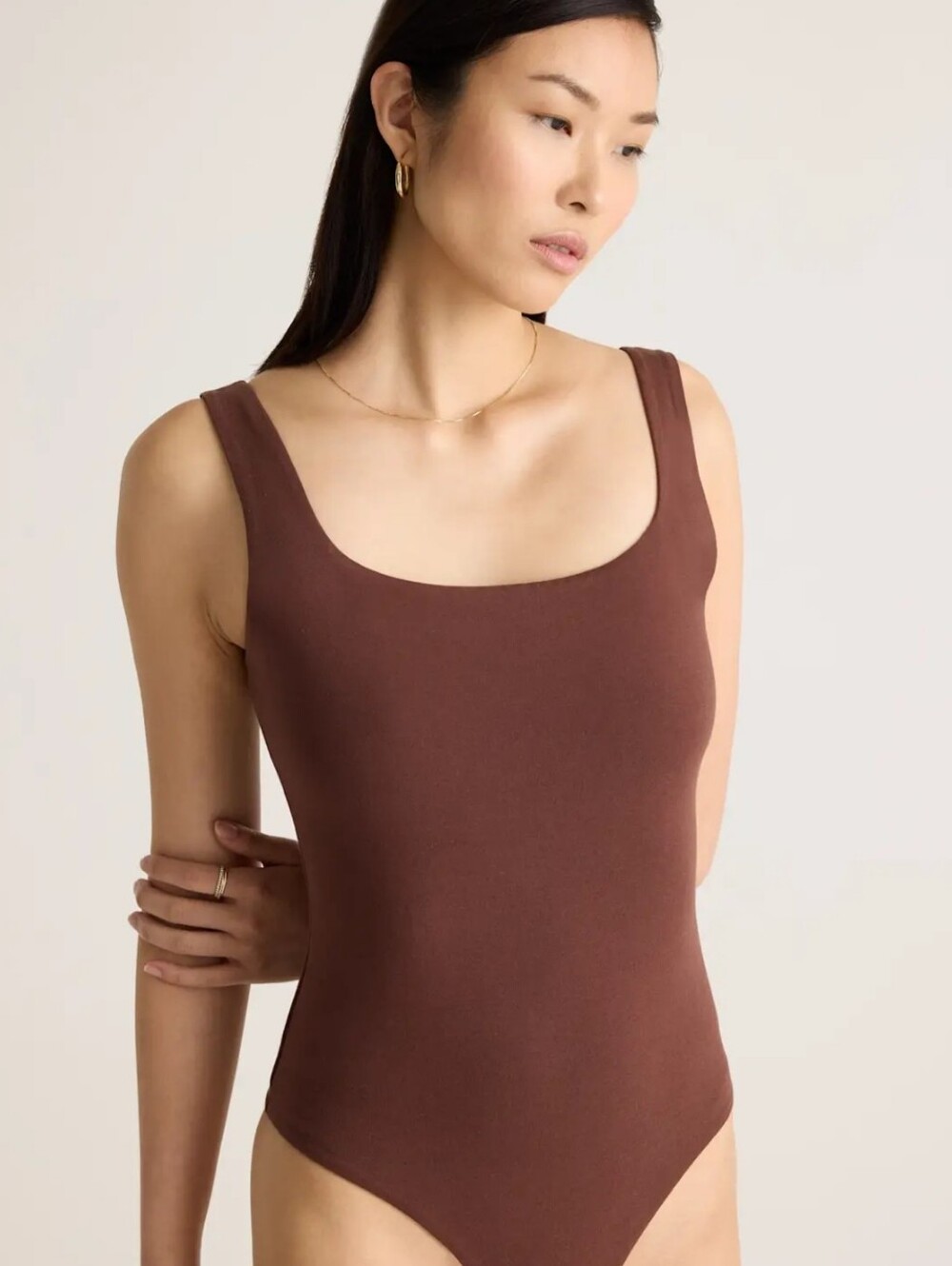 Quince Stretch Cotton Jersey Square Neck Tank Bodysuit Cocoa Large NWT